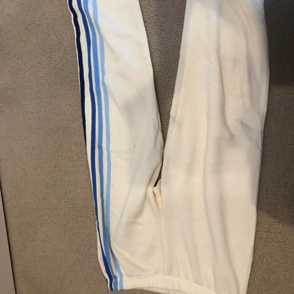 white 5 stripe sweatpants